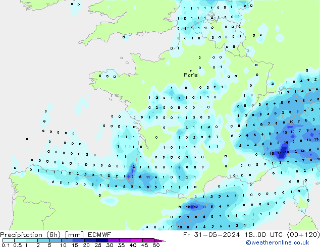 Precipitation (6h) ECMWF Fr 31.05.2024 00 UTC