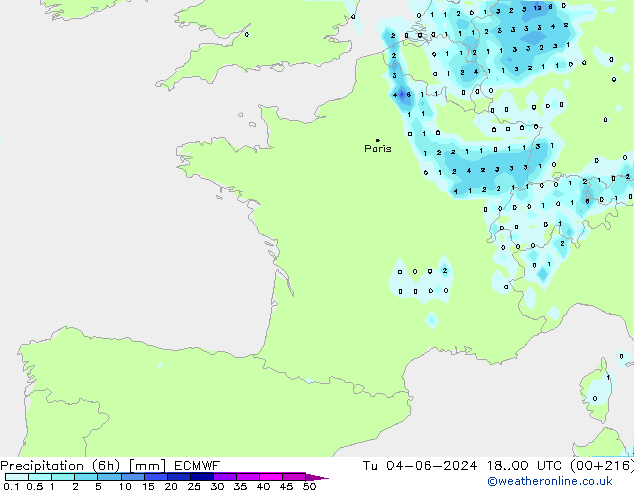 Precipitation (6h) ECMWF Út 04.06.2024 00 UTC