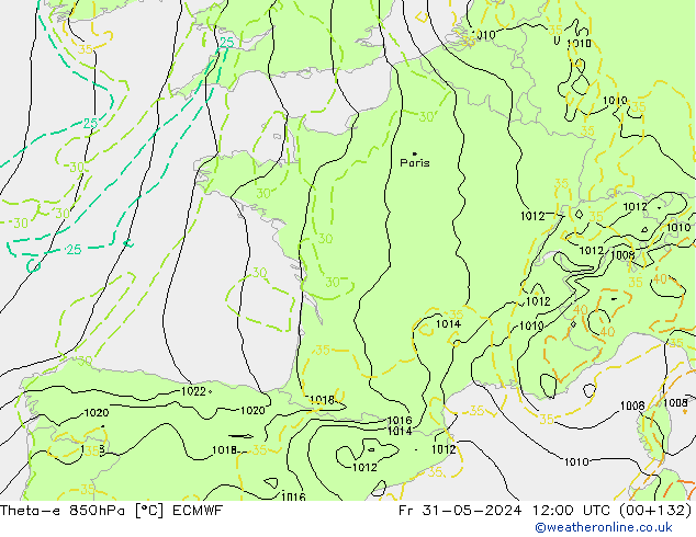 Theta-e 850hPa ECMWF ven 31.05.2024 12 UTC