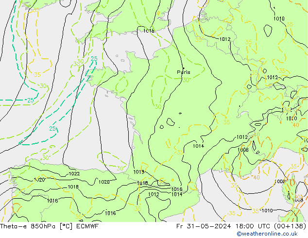 Theta-e 850hPa ECMWF vie 31.05.2024 18 UTC