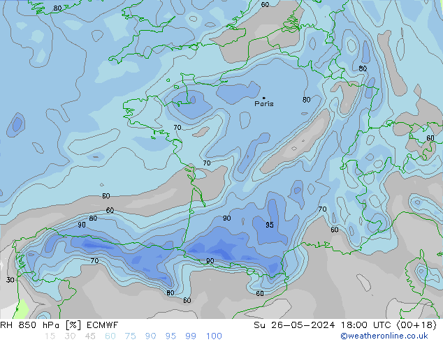 Humidité rel. 850 hPa ECMWF dim 26.05.2024 18 UTC