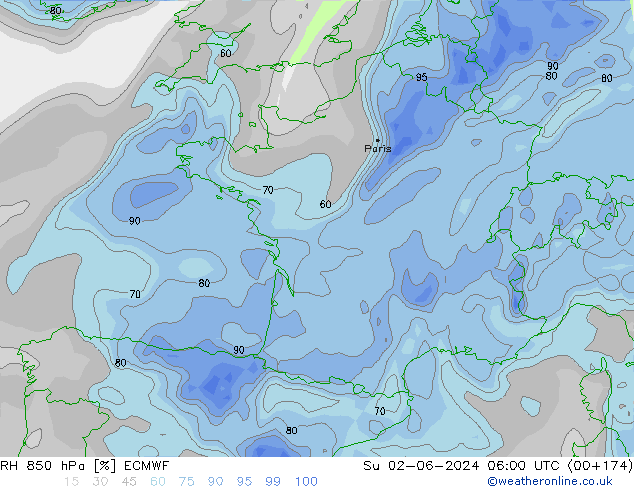 RH 850 hPa ECMWF So 02.06.2024 06 UTC