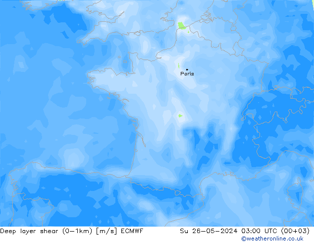 Deep layer shear (0-1km) ECMWF dom 26.05.2024 03 UTC