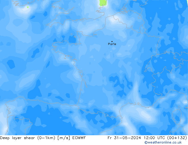 Deep layer shear (0-1km) ECMWF vie 31.05.2024 12 UTC