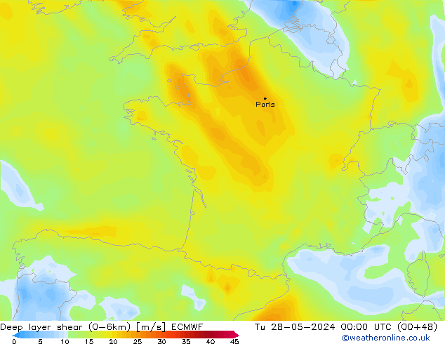 Deep layer shear (0-6km) ECMWF  28.05.2024 00 UTC