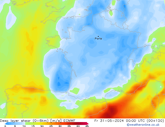 Deep layer shear (0-6km) ECMWF Fr 31.05.2024 00 UTC