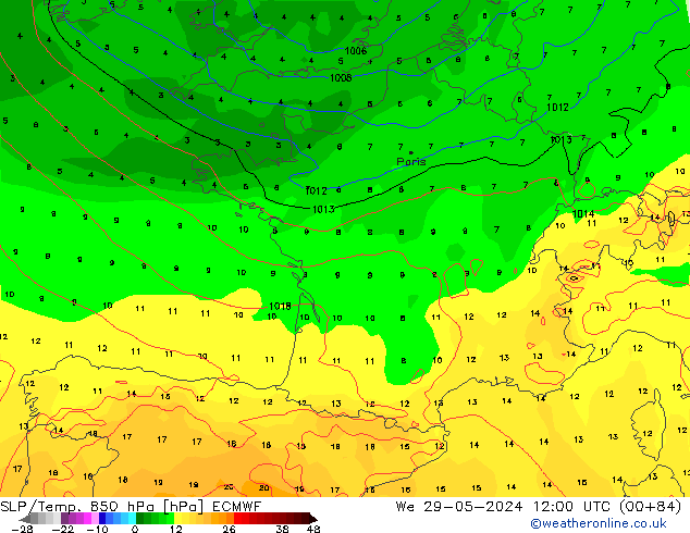 SLP/Temp. 850 hPa ECMWF Qua 29.05.2024 12 UTC