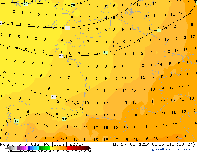 Height/Temp. 925 hPa ECMWF Mo 27.05.2024 00 UTC