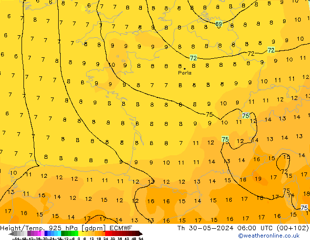 Géop./Temp. 925 hPa ECMWF jeu 30.05.2024 06 UTC