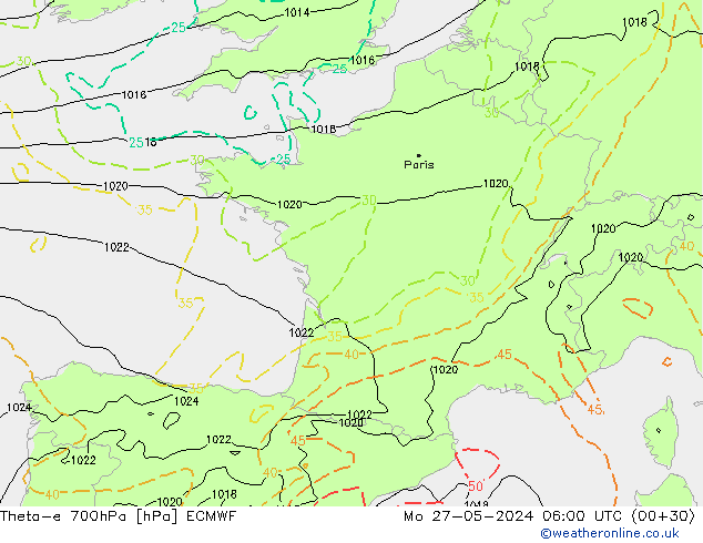 Theta-e 700hPa ECMWF Mo 27.05.2024 06 UTC