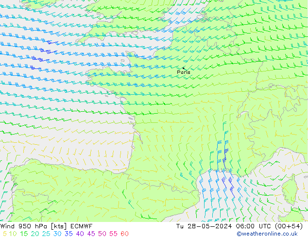 Wind 950 hPa ECMWF di 28.05.2024 06 UTC