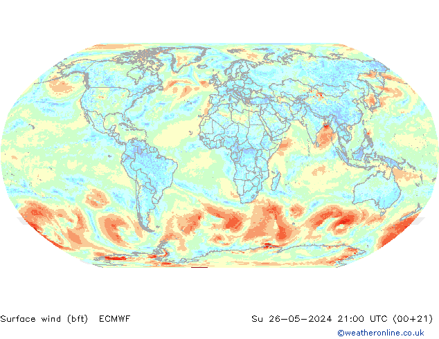 Vent 10 m (bft) ECMWF dim 26.05.2024 21 UTC