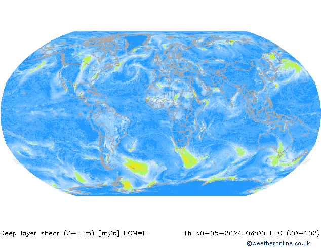 Deep layer shear (0-1km) ECMWF Th 30.05.2024 06 UTC