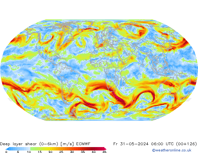 Deep layer shear (0-6km) ECMWF Cu 31.05.2024 06 UTC