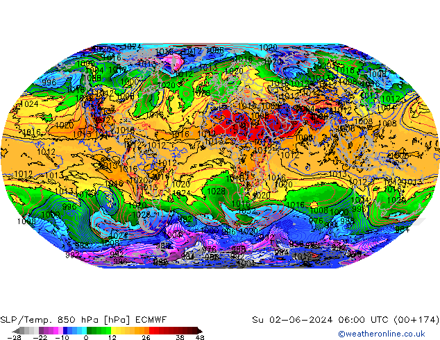 SLP/Temp. 850 hPa ECMWF nie. 02.06.2024 06 UTC