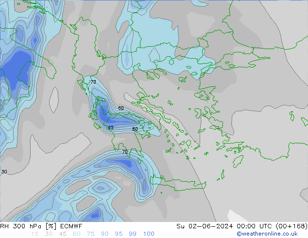 Humidité rel. 300 hPa ECMWF dim 02.06.2024 00 UTC