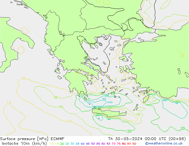 Isotachs (kph) ECMWF Th 30.05.2024 00 UTC