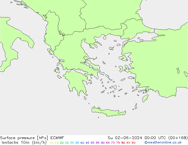 Isotachs (kph) ECMWF dim 02.06.2024 00 UTC