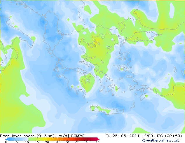 Deep layer shear (0-6km) ECMWF Tu 28.05.2024 12 UTC