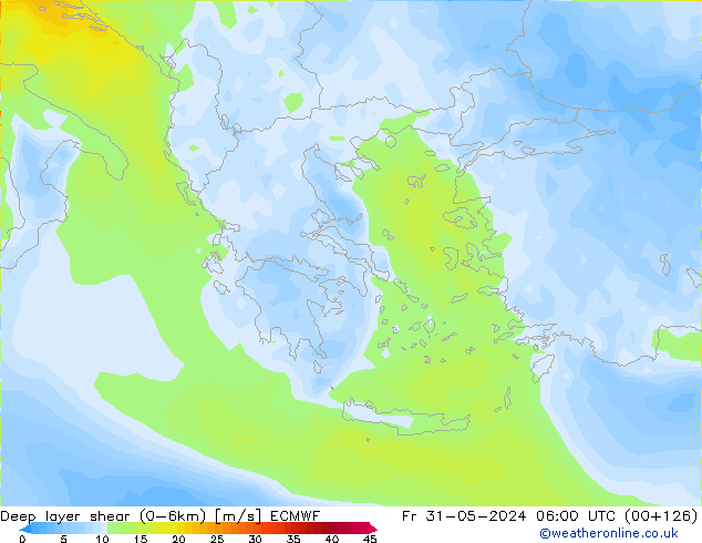 Deep layer shear (0-6km) ECMWF ven 31.05.2024 06 UTC