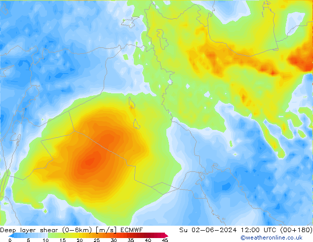 Deep layer shear (0-6km) ECMWF  02.06.2024 12 UTC