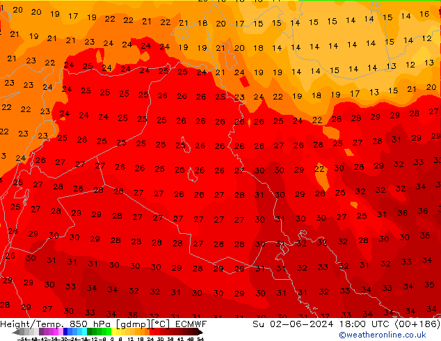 Height/Temp. 850 hPa ECMWF Su 02.06.2024 18 UTC