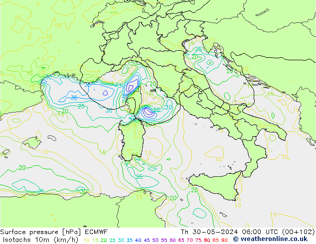 Isotachen (km/h) ECMWF Do 30.05.2024 06 UTC