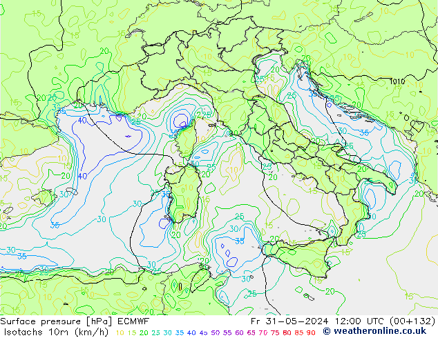 Isotachen (km/h) ECMWF vr 31.05.2024 12 UTC