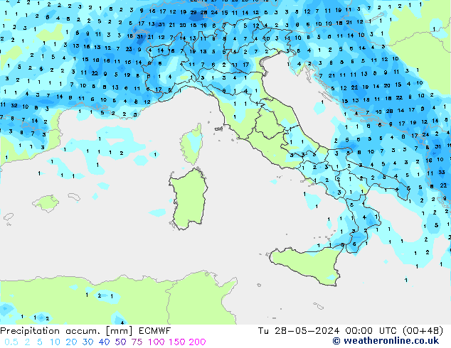 Precipitation accum. ECMWF Tu 28.05.2024 00 UTC