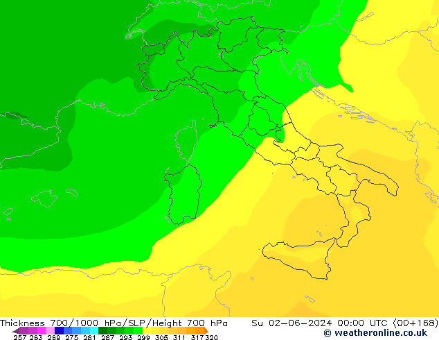 Thck 700-1000 гПа ECMWF Вс 02.06.2024 00 UTC