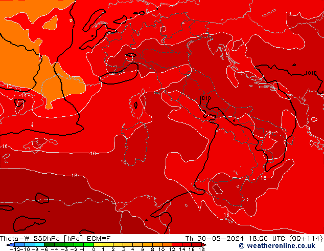 Theta-W 850hPa ECMWF do 30.05.2024 18 UTC