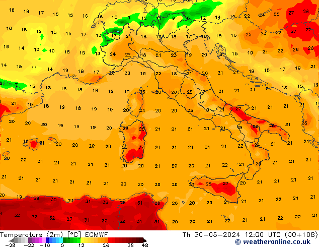 Temperatuurkaart (2m) ECMWF do 30.05.2024 12 UTC