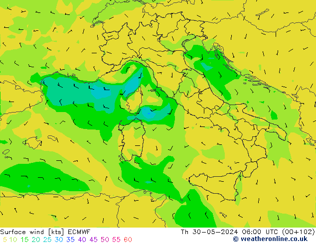 Viento 10 m ECMWF jue 30.05.2024 06 UTC