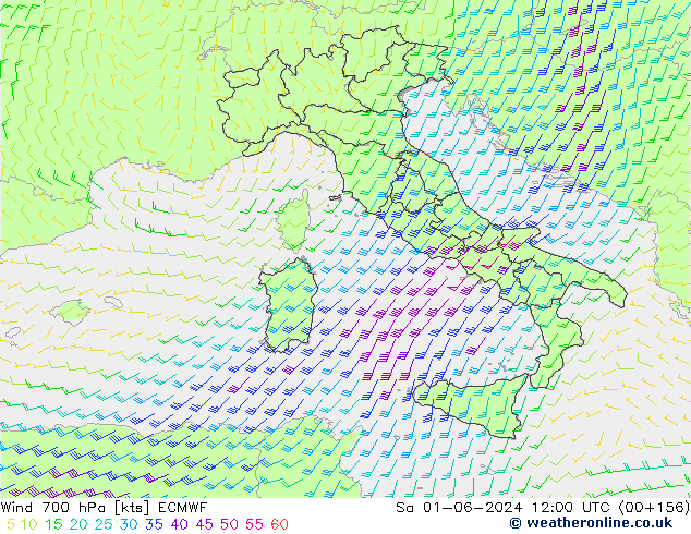 wiatr 700 hPa ECMWF so. 01.06.2024 12 UTC