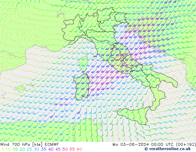 Vento 700 hPa ECMWF Seg 03.06.2024 00 UTC