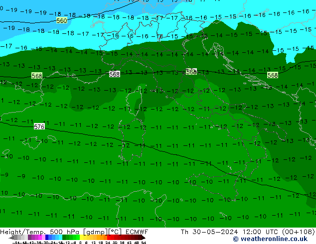 Z500/Rain (+SLP)/Z850 ECMWF Do 30.05.2024 12 UTC