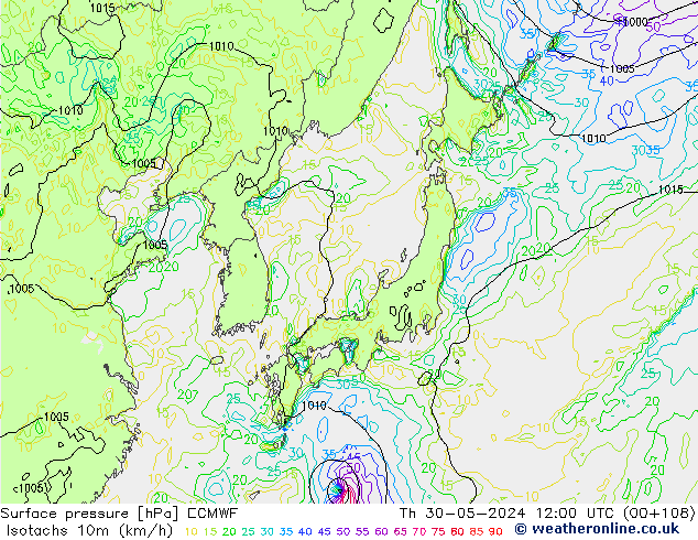 Isotaca (kph) ECMWF jue 30.05.2024 12 UTC