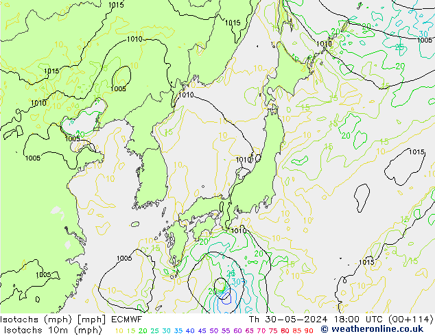 Isotachs (mph) ECMWF gio 30.05.2024 18 UTC