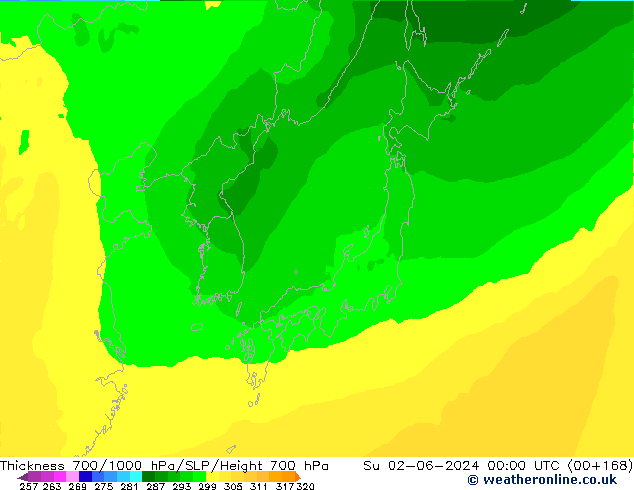 Thck 700-1000 hPa ECMWF  02.06.2024 00 UTC