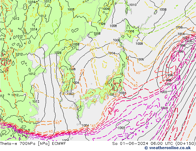 Theta-e 700hPa ECMWF so. 01.06.2024 06 UTC