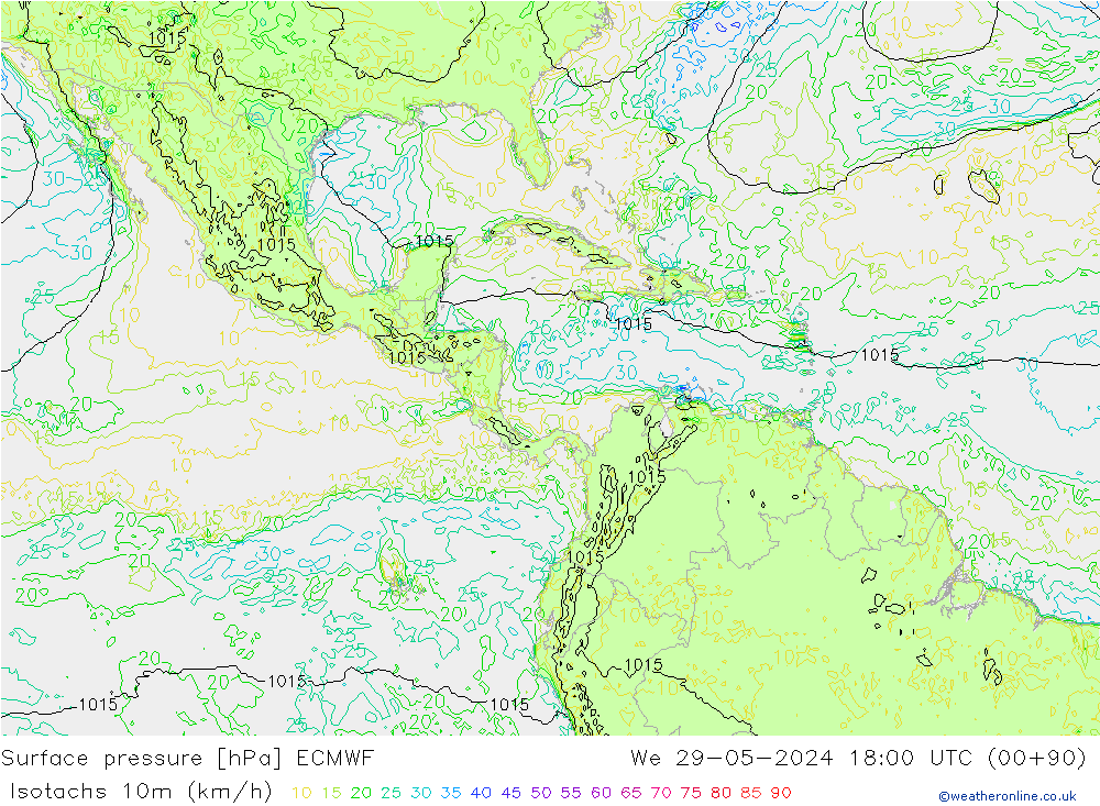 Isotaca (kph) ECMWF mié 29.05.2024 18 UTC