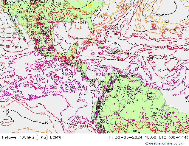 Theta-e 700hPa ECMWF Qui 30.05.2024 18 UTC