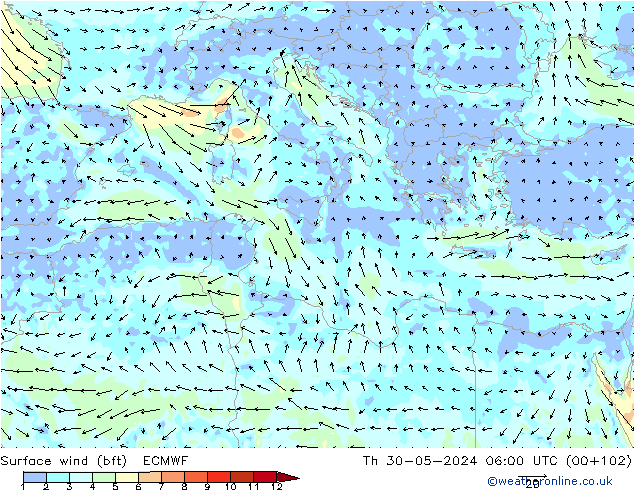 wiatr 10 m (bft) ECMWF czw. 30.05.2024 06 UTC