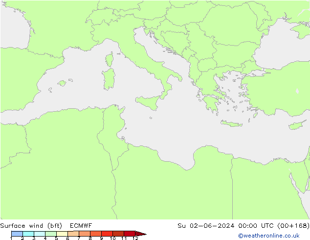 wiatr 10 m (bft) ECMWF nie. 02.06.2024 00 UTC