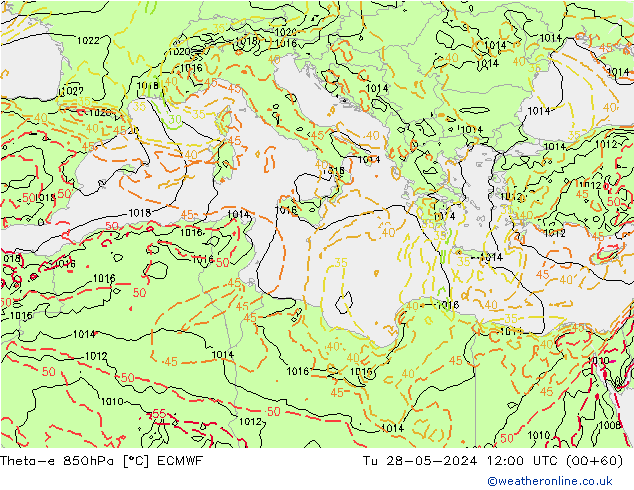 Theta-e 850hPa ECMWF Út 28.05.2024 12 UTC