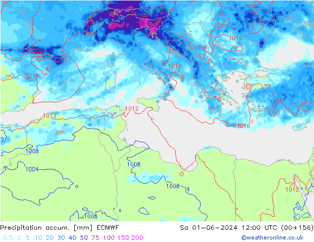 Precipitation accum. ECMWF So 01.06.2024 12 UTC