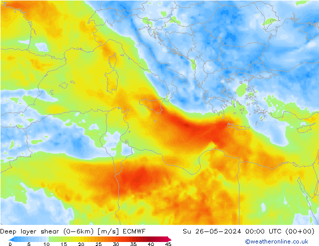 Deep layer shear (0-6km) ECMWF So 26.05.2024 00 UTC