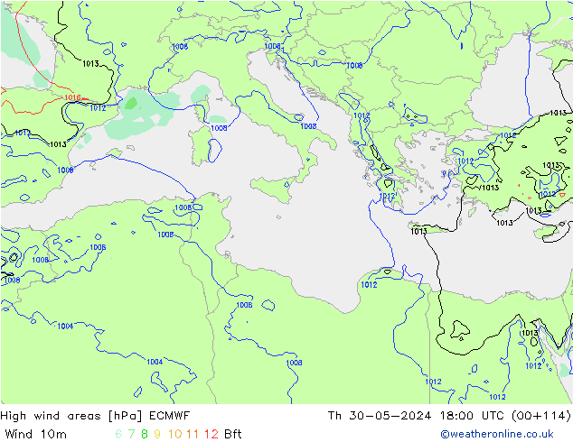 High wind areas ECMWF  30.05.2024 18 UTC