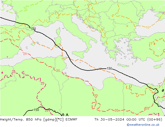 Z500/Rain (+SLP)/Z850 ECMWF Čt 30.05.2024 00 UTC