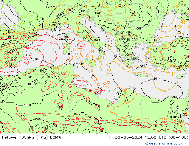 Theta-e 700hPa ECMWF jeu 30.05.2024 12 UTC